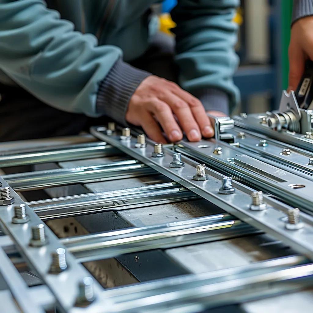 Person assembling screwed aluminium gates with screws and brackets