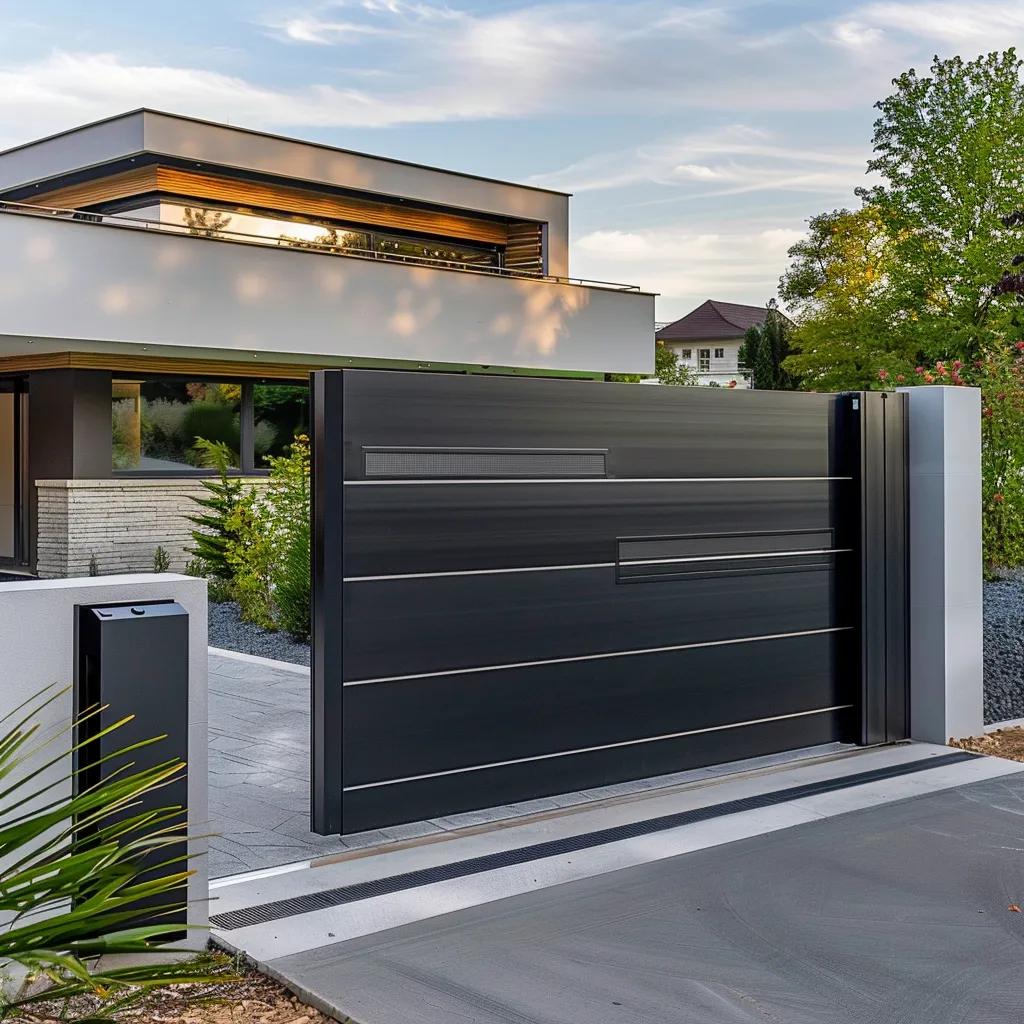 Automated gate system showcasing hydraulic and electro-mechanical mechanisms in a residential setting