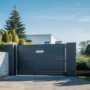 Modern aluminium gate in a residential setting, highlighting durability and design
