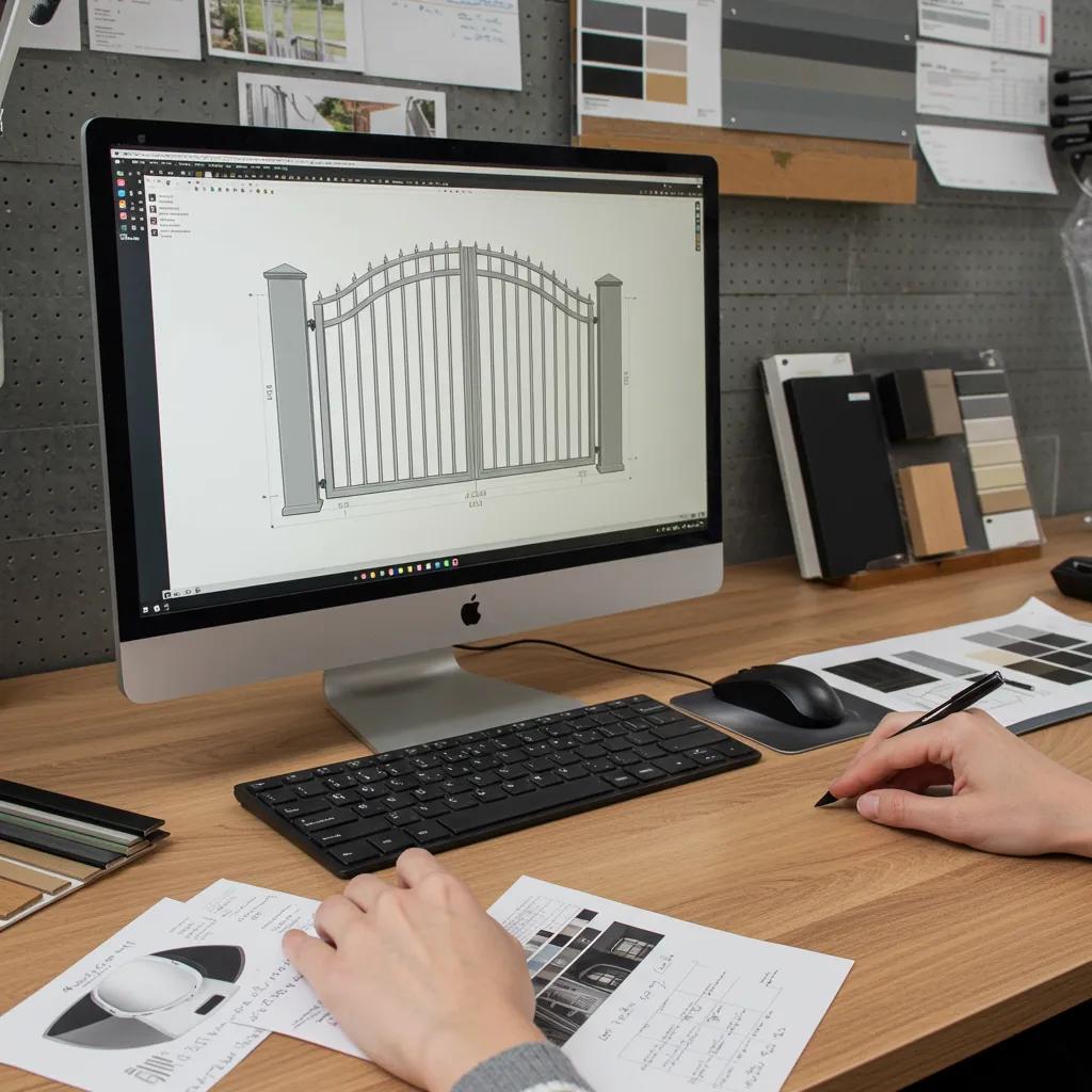 Designer customizing a bespoke aluminium gate with various finish samples